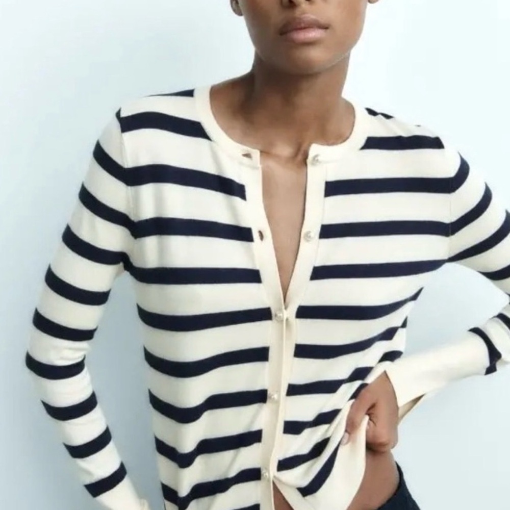 Zara Navy and Cream Striped Cardigan with Pearl Buttons MEDIUM